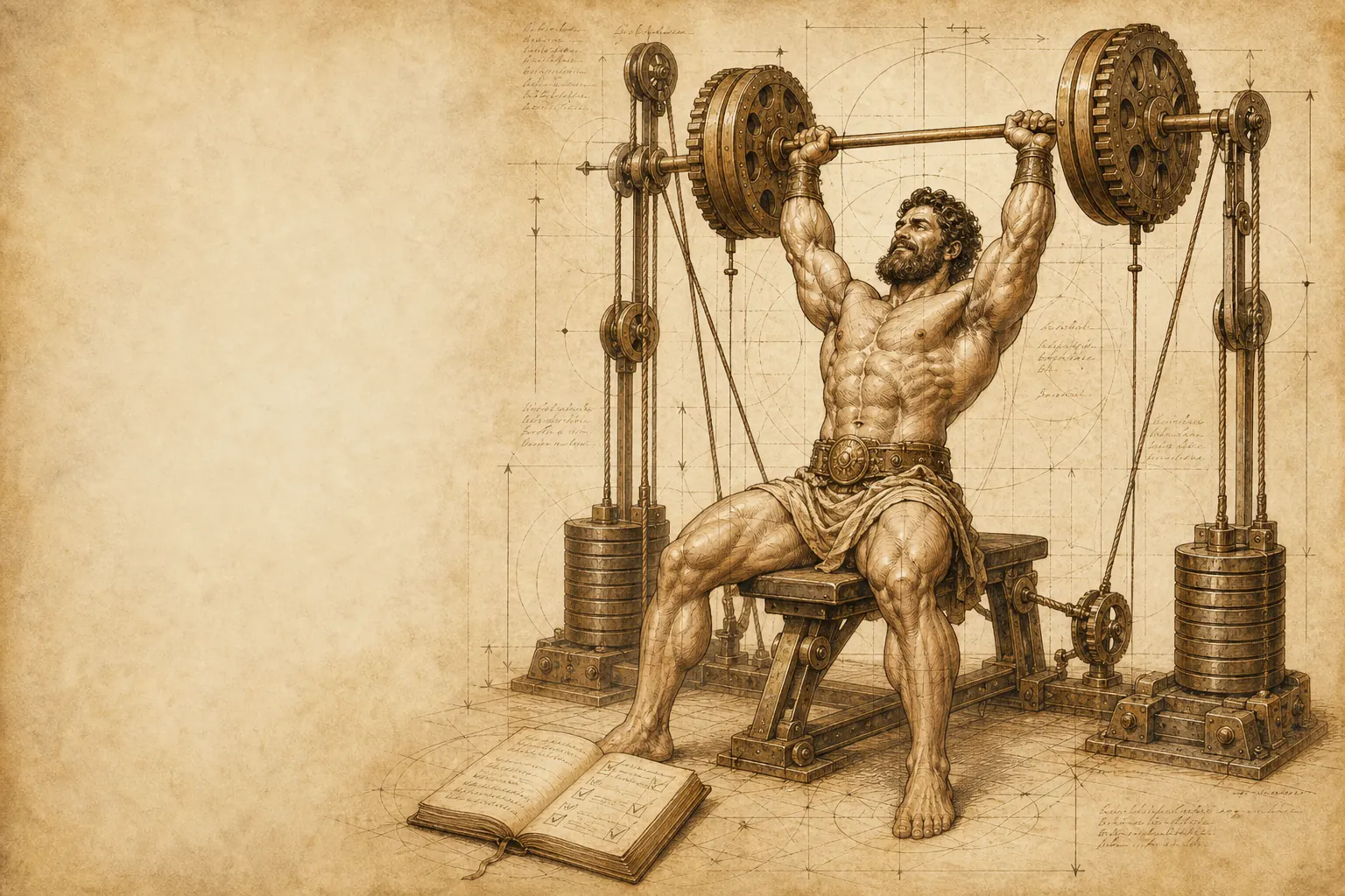 Parchment engineering study of Hercules pressing a gear-plated barbell on a pulley machine