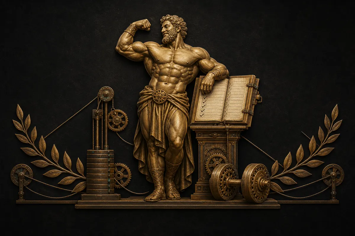 Bronze relief of Hercules flexing beside his open training ledger